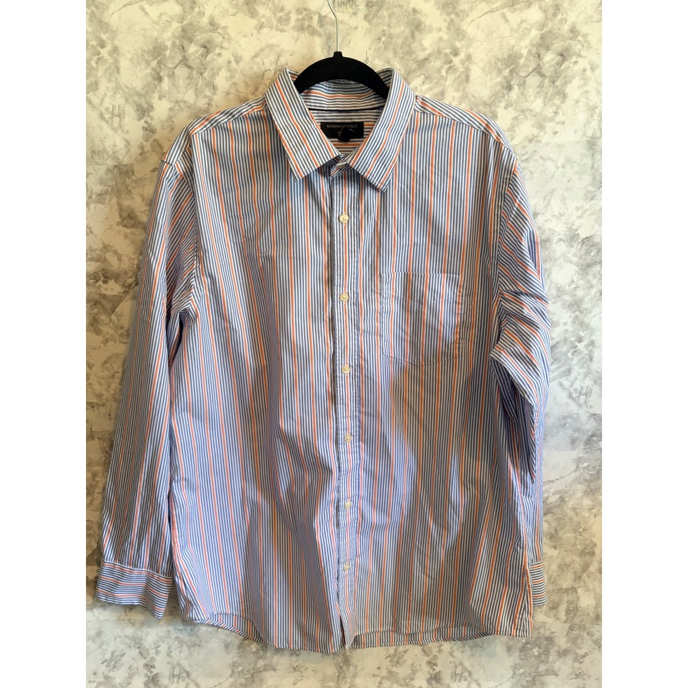 Banana Republic‎ XL 17-17.5 Slim Fit Non-Iron Dress Shirt Blue Orange Stripe